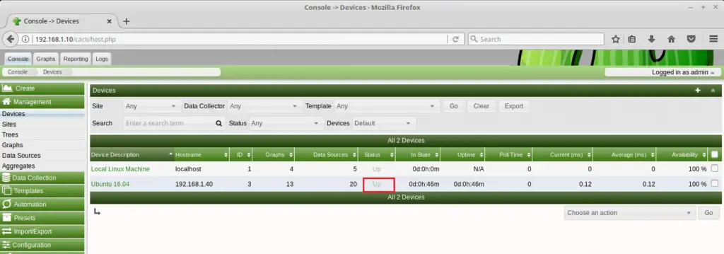 Monitor Remote Linux Servers with Cacti - Devices List with Status