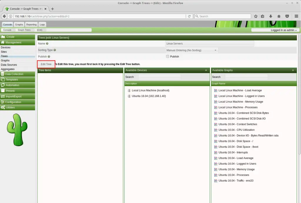 Monitor Remote Linux Servers with Cacti - Edit Graph Tree