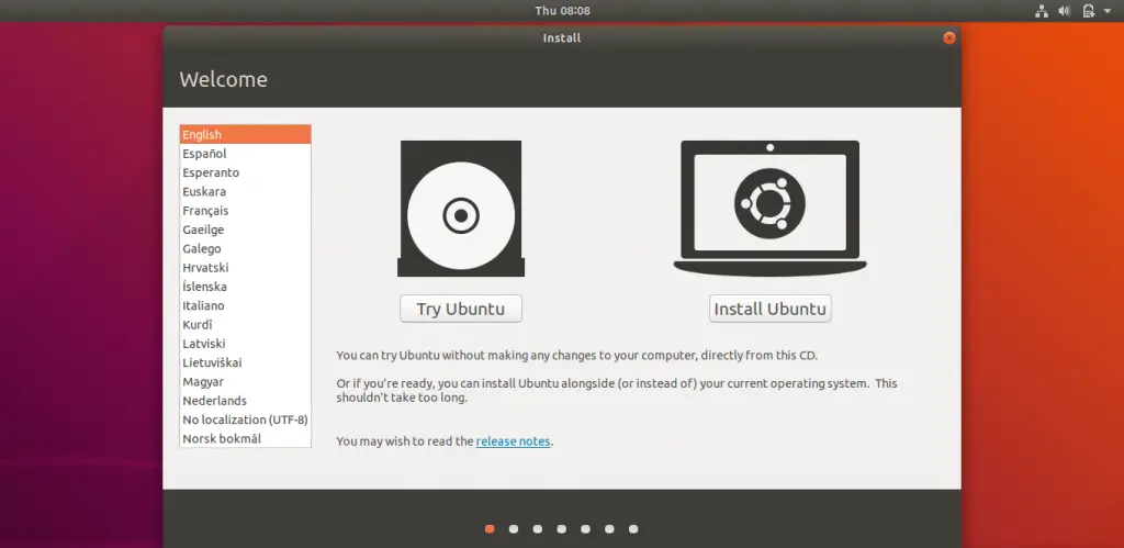 Install Ubuntu 18.04 LTS (Bionic Beaver) - Welcome Screen