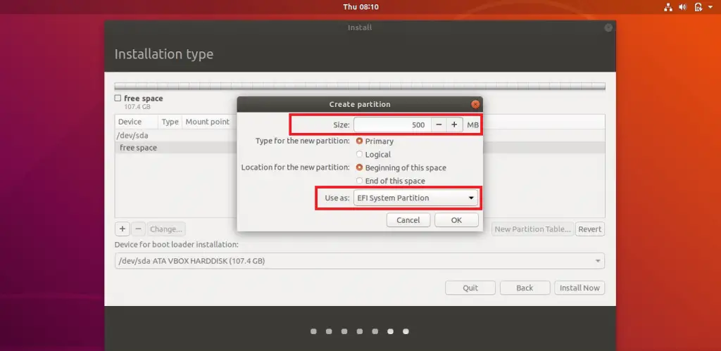 Install Ubuntu 18.04 LTS (Bionic Beaver) - Create EFI Partition