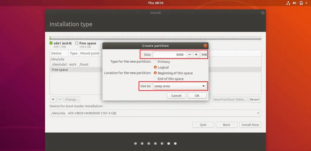 Install Ubuntu 18.04 LTS (Bionic Beaver) - Create swap Partition