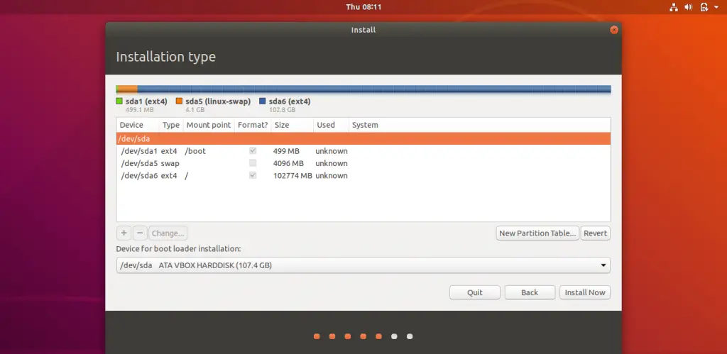 Install Ubuntu 18.04 LTS (Bionic Beaver) - Created Partitions