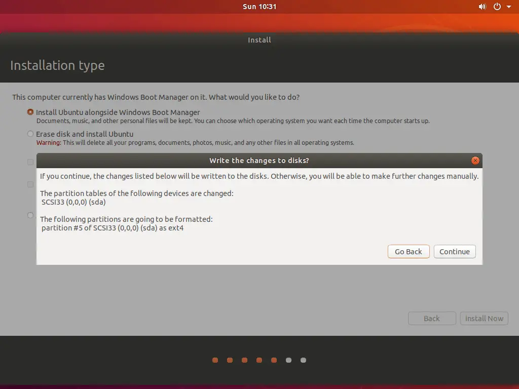 Install Ubuntu 18.04 Alongside With Windows 10 - Confirm the Changes