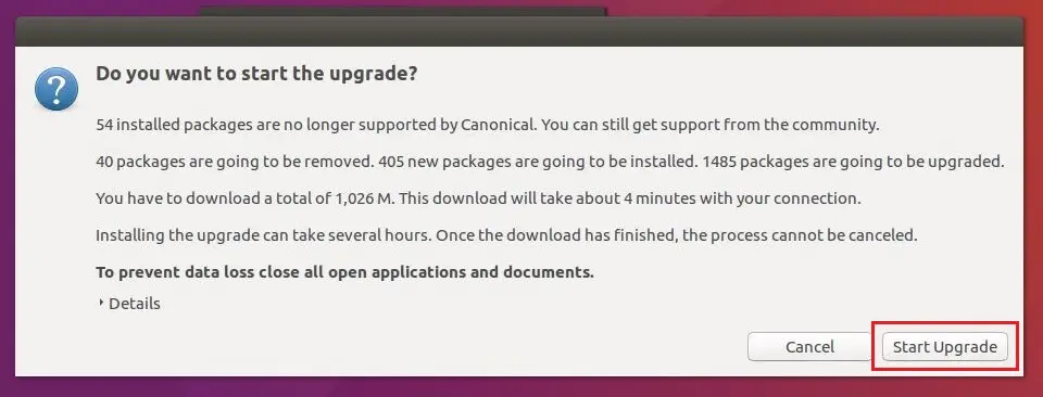 Upgrade To Ubuntu 18.04 From Ubuntu 16.04 - Start Upgrade