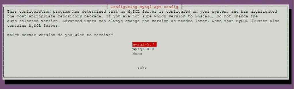 Install MySQL 5.7 on Ubuntu 18.04 - Select MySQL 5.7 Repository