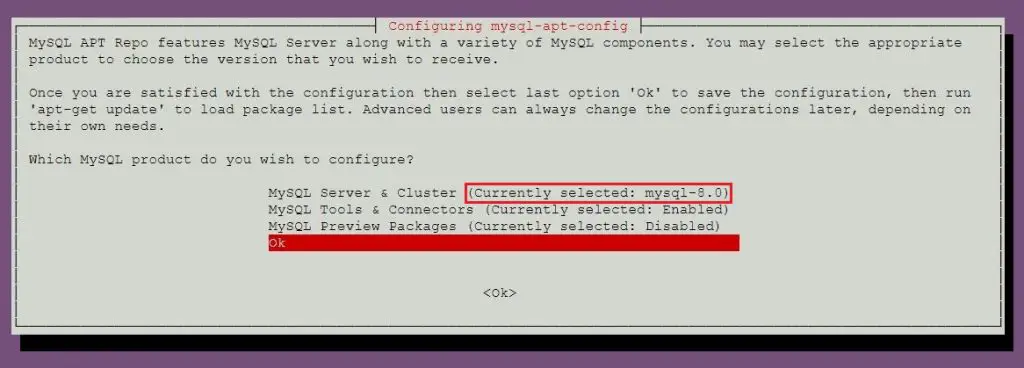 Install MySQL 8.0 on Ubuntu 18.04 - Select MySQL 8.0 Repository