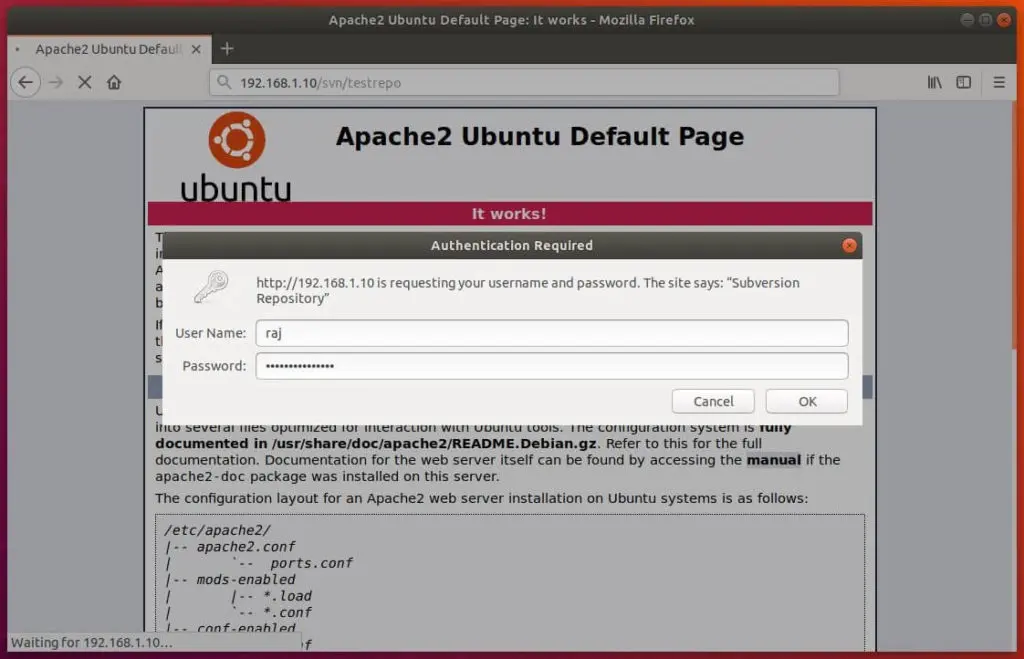 Install Apache SVN on Ubuntu 18.04 - Aapache SVN Authentication