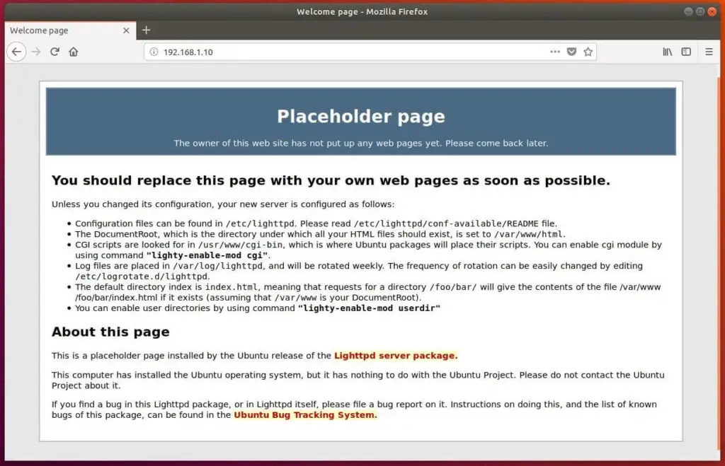 Install Linux, Lighttpd, MySQL and PHP (LLMP Stack ) in Ubuntu 18.04 - Lighttpd's Default Page