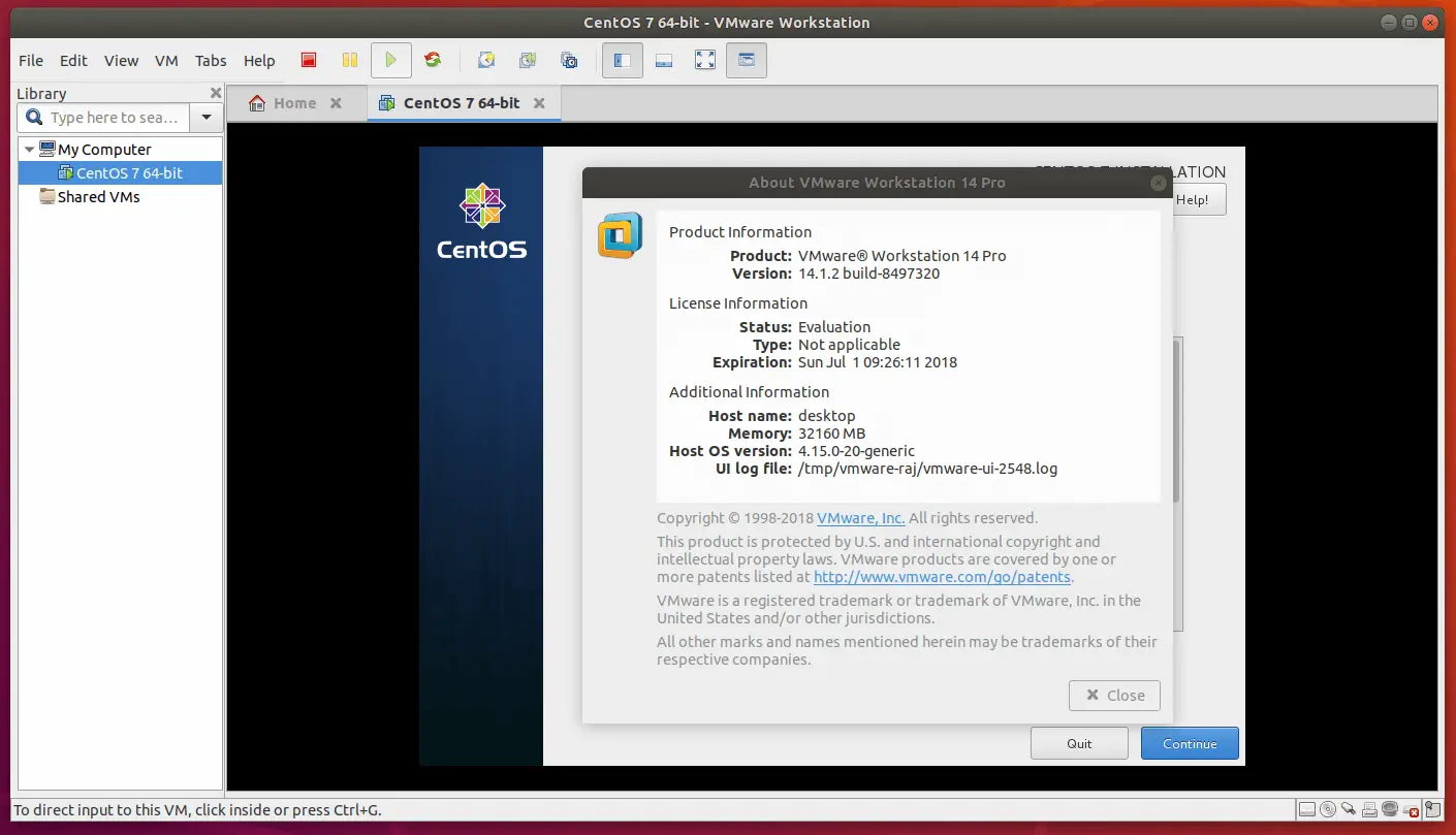 Install VMware Workstation 14 on Ubuntu 18.04 - CentOS 7 VM running on VMware Workstation Pro