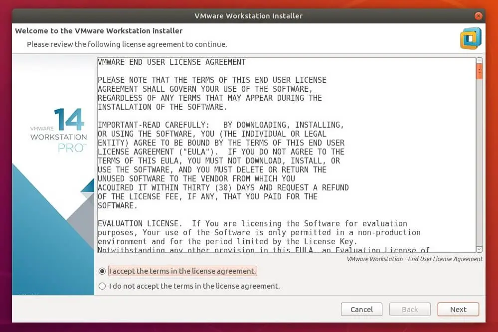 Install VMware Workstation 14 on Ubuntu 18.04 - End User License Agreement