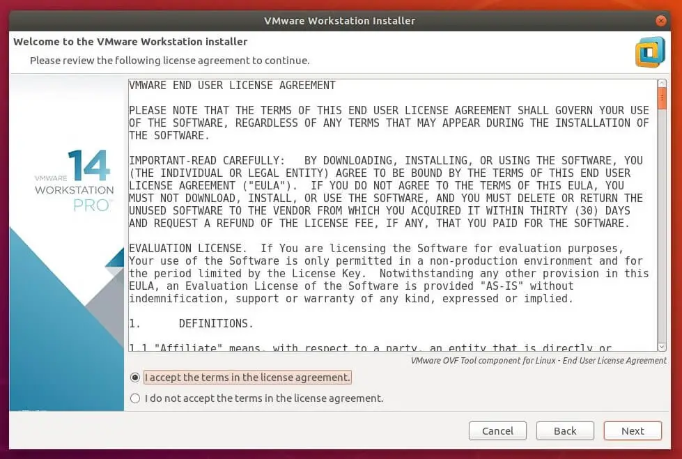 Install VMware Workstation 14 on Ubuntu 18.04 - OVF Tools End User License Agreement