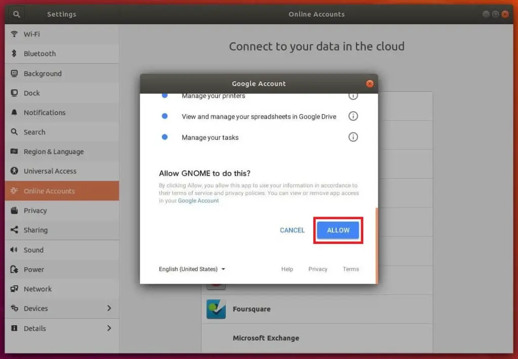 Integrate Google Drive on Ubuntu 18.04 - Allow GNOME