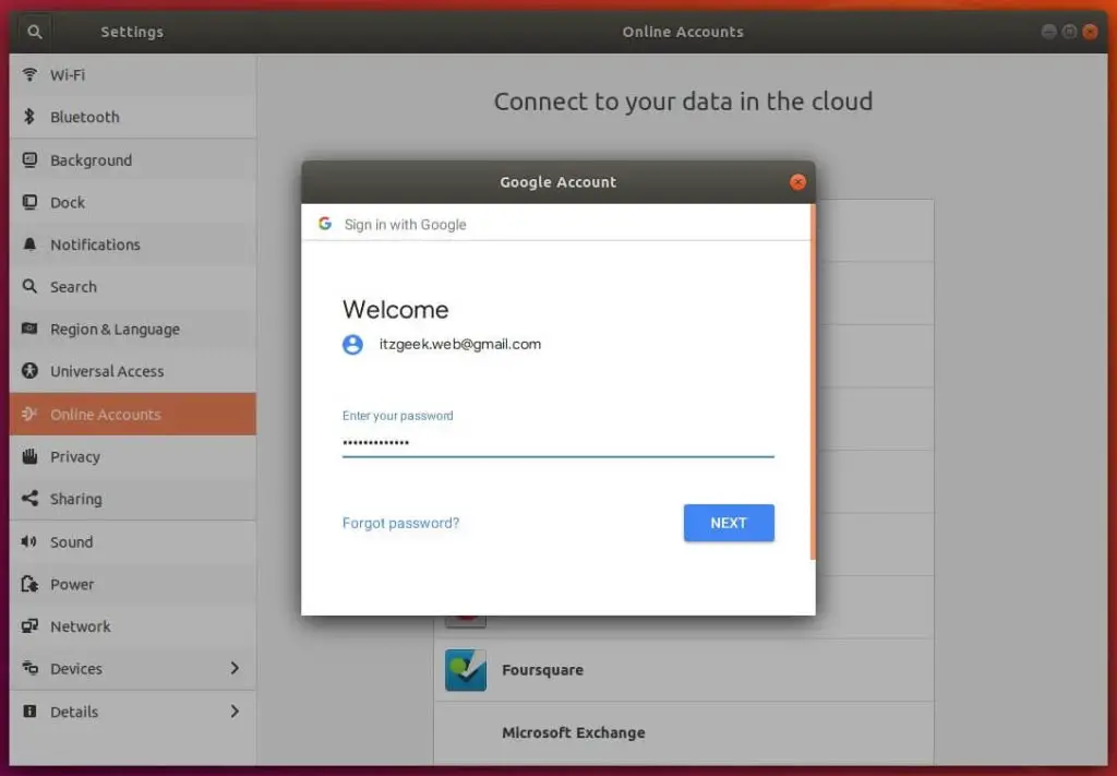 Integrate Google Drive on Ubuntu 18.04 - Enter Password