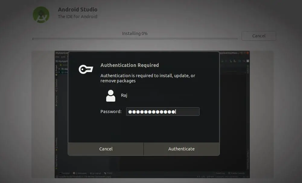 Install Android Studio on Ubuntu using Ubuntu Software center - Authorize the Android Studio installation