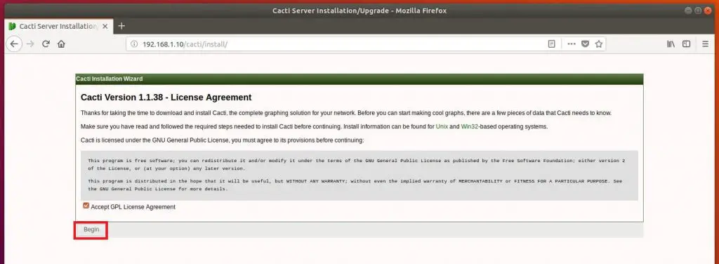Install Cacti on Ubuntu 18.04 - Cacti License Agreement