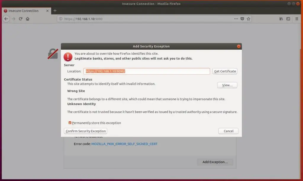 Install Cockpit on Ubuntu 18.04 - Add SSL Exception
