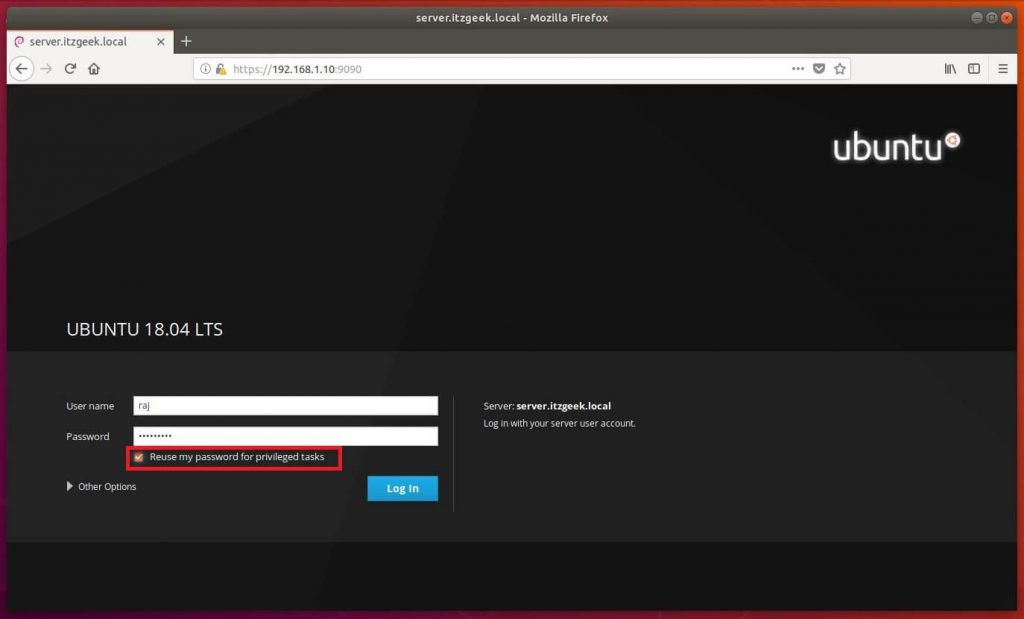 Install Cockpit on Ubuntu 18.04 - Login Page