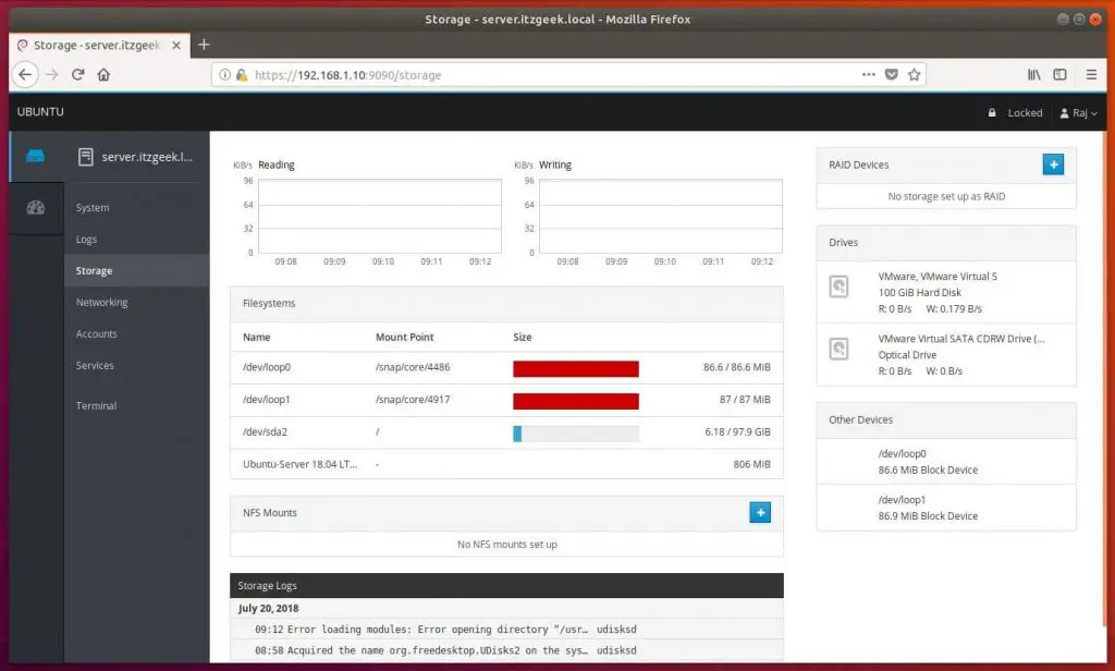 Install Cockpit on Ubuntu 18.04 - View Storage Information