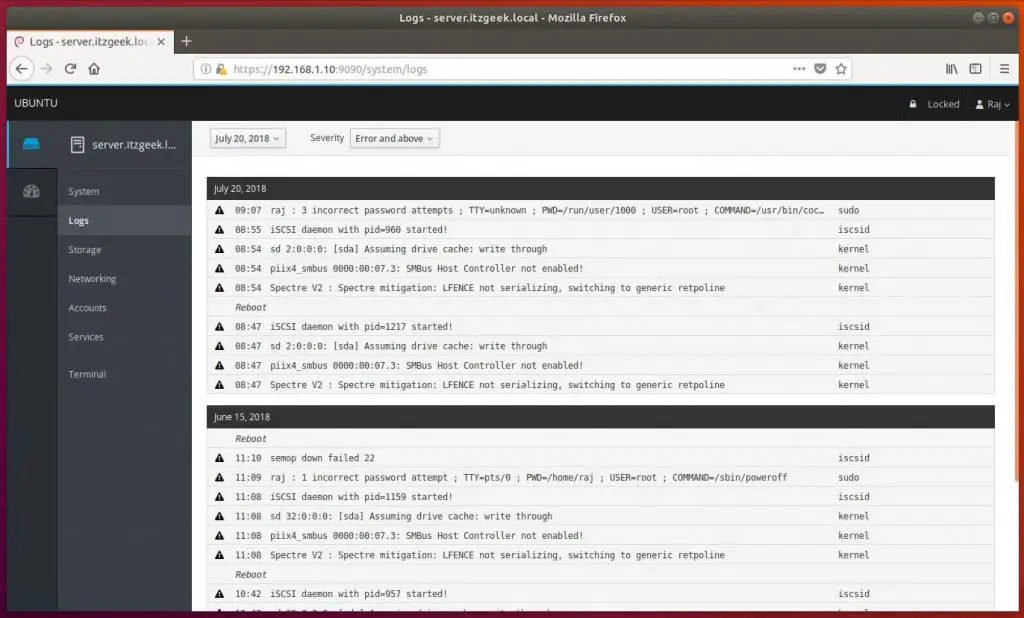 Install Cockpit on Ubuntu 18.04 - View System Logs