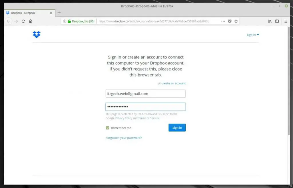 Install Dropbox on Linux Mint 19 - Sigin in to Dropbox Account