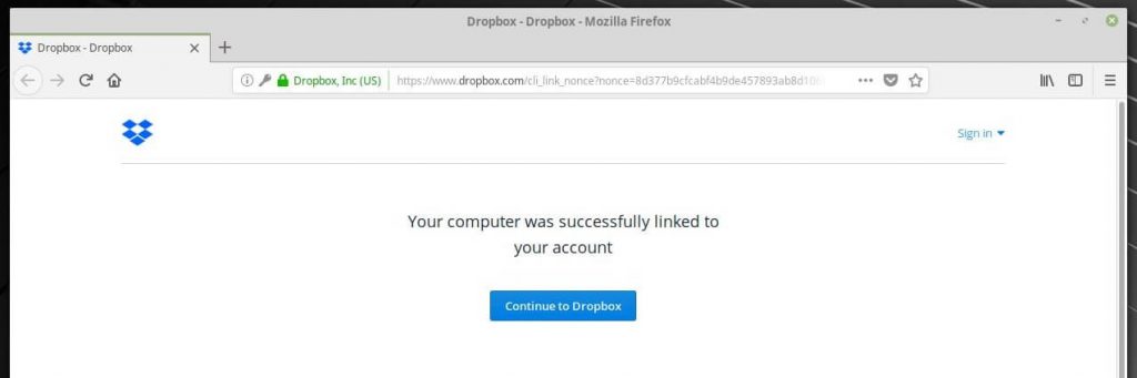 Install Dropbox on Linux Mint 19 - Successfully connected