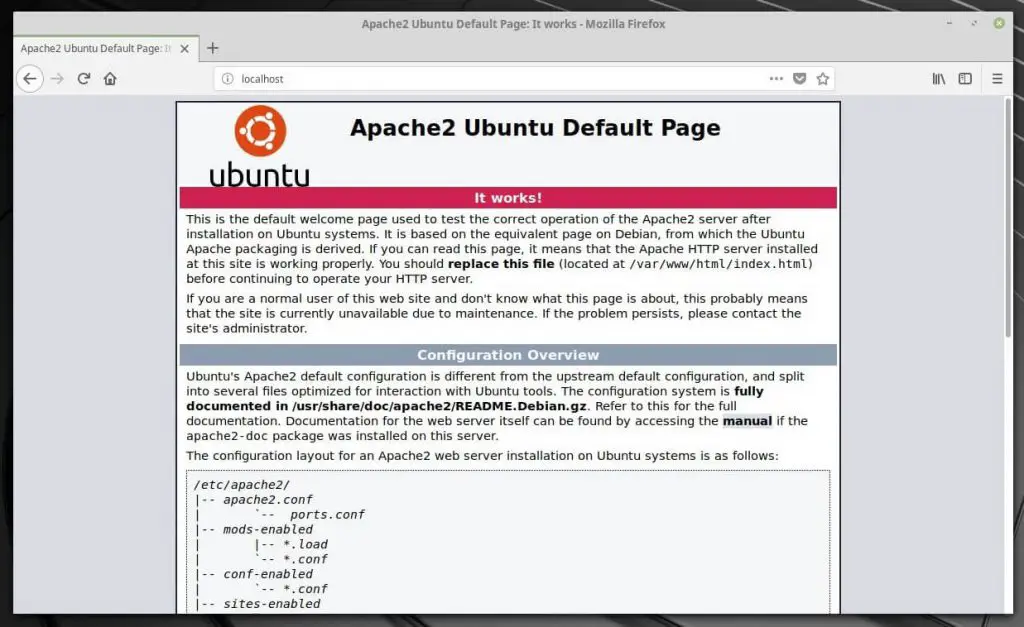 Install LAMP Stack on Linux Mint 19 - Apache Default Web Page