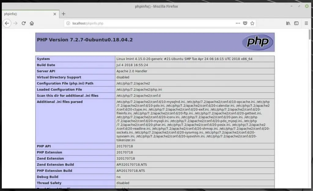 Install LAMP Stack on Linux Mint 19 - PHP Information