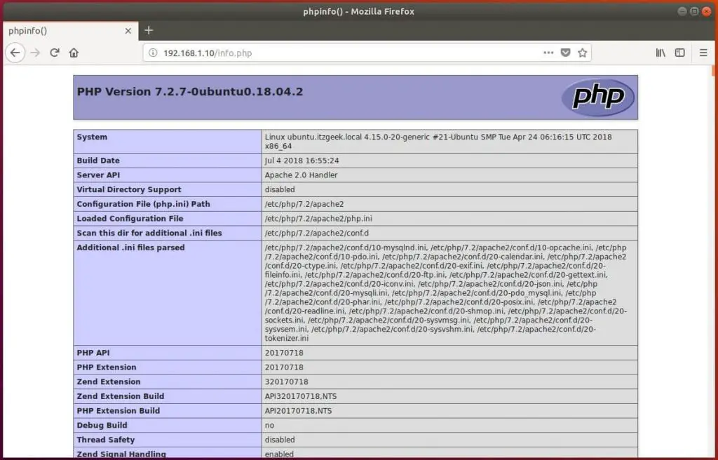 Install LAMP stack on Ubuntu 18.04 - PHP Information