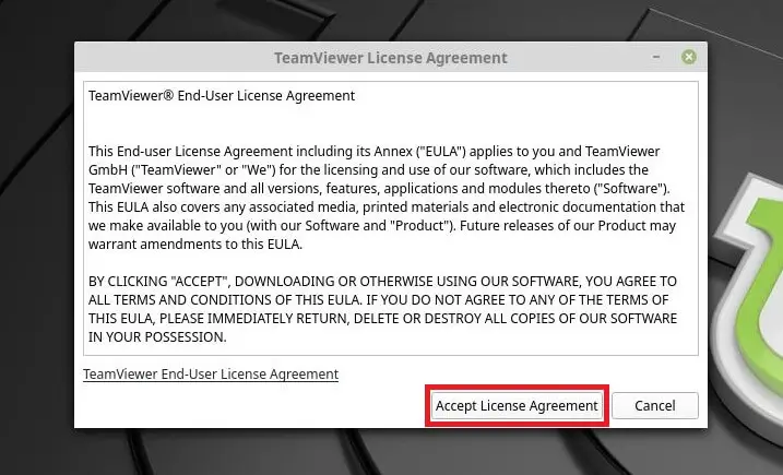 Install TeamViewer on Linux Mint 19 - License Agreement