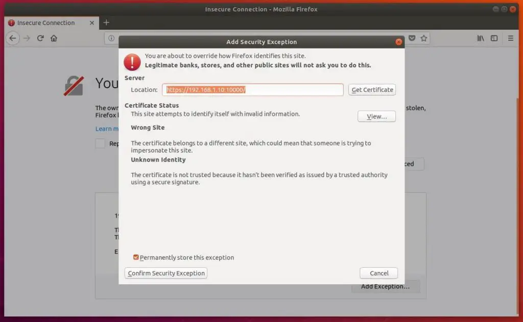 Install Webmin on Ubuntu 18.04 - Add SSL Exception