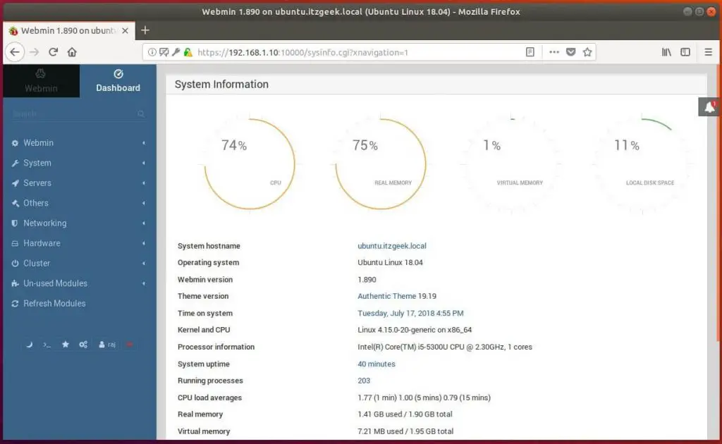 Install Webmin on Ubuntu 18.04 - Webmin Dashboard