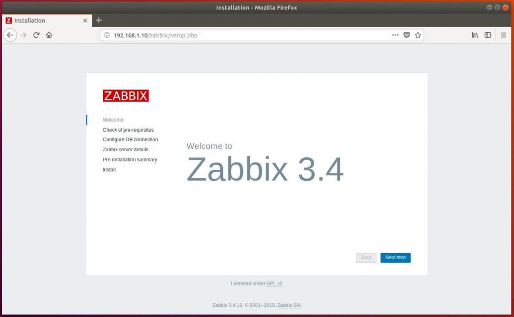Install Zabbix Server 3.4 on Ubuntu 18.04 - Welcome Screen