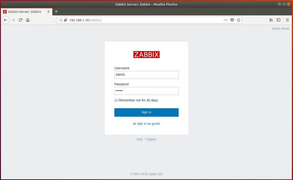 Install Zabbix Server on Ubuntu 18.04 - Zabbix Login Screen