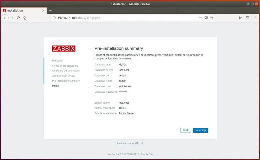 Install Zabbix Server 3.4 on Ubuntu 18.04 - Zabbix Pre-Installation Summary