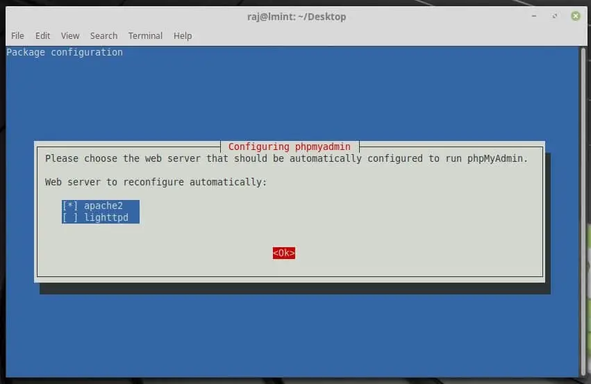 Install phpMyAdmin on Linux Mint 19 - Choose Web Server