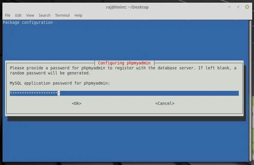 Install phpMyAdmin on Linux Mint 19 - Enter Password for MySQL
