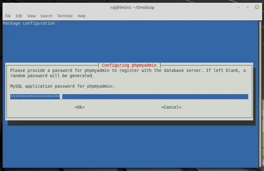 Install phpMyAdmin on Linux Mint 19 - Enter Password for MySQL