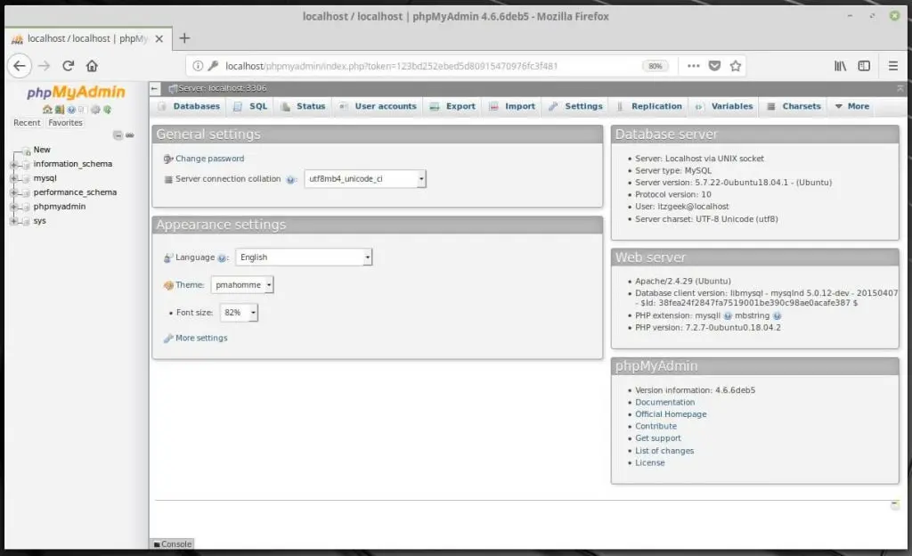 Install phpMyAdmin on Linux Mint 19 - phpMyAdmin Dashboard