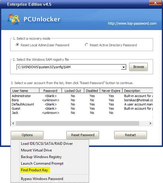 Find Product-Key with PCUnlocker
