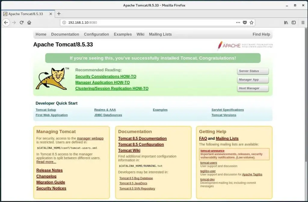 Install Apache Tomcat 8.5 on CentOS 7 - Apache Tomcat Default Page