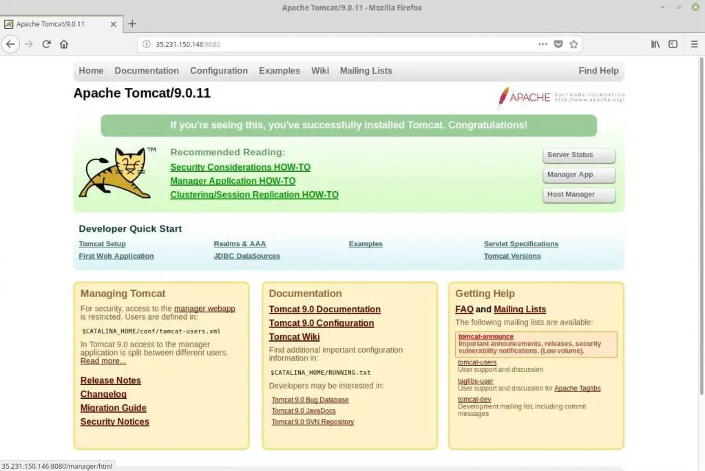 Install Apache Tomcat 9.0 on CentOS 6 - Apache Tomcat Default Page