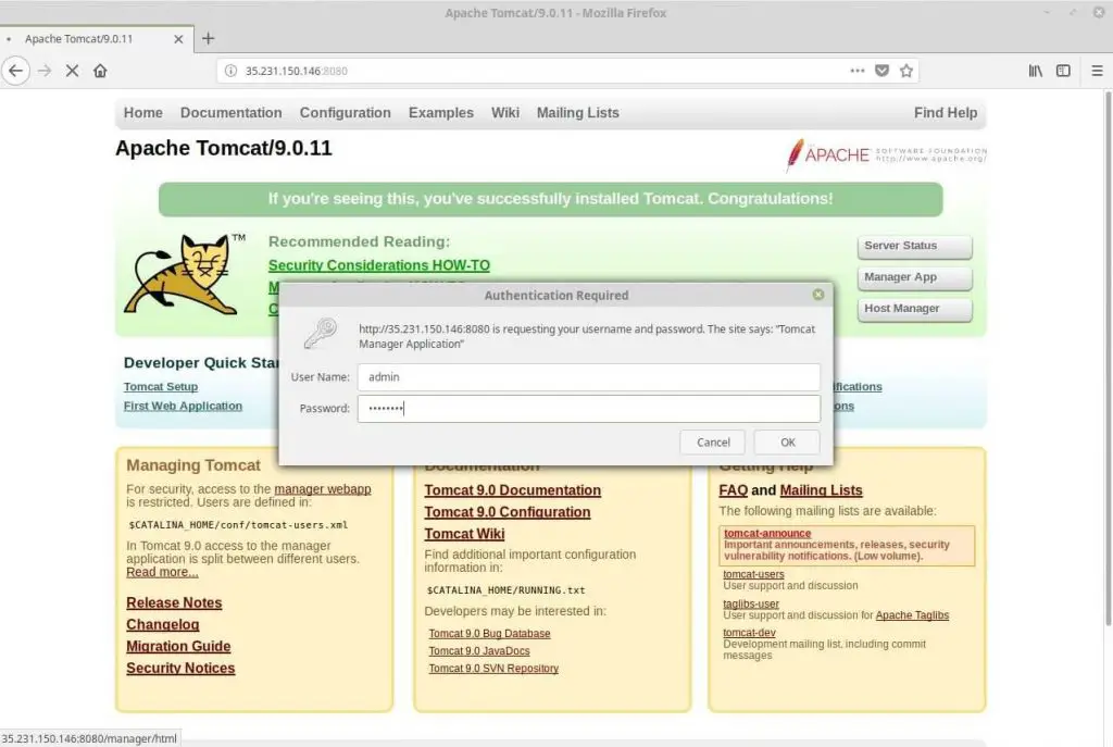 Install Apache Tomcat 9.0 on CentOS 6 - Login to Web Manager