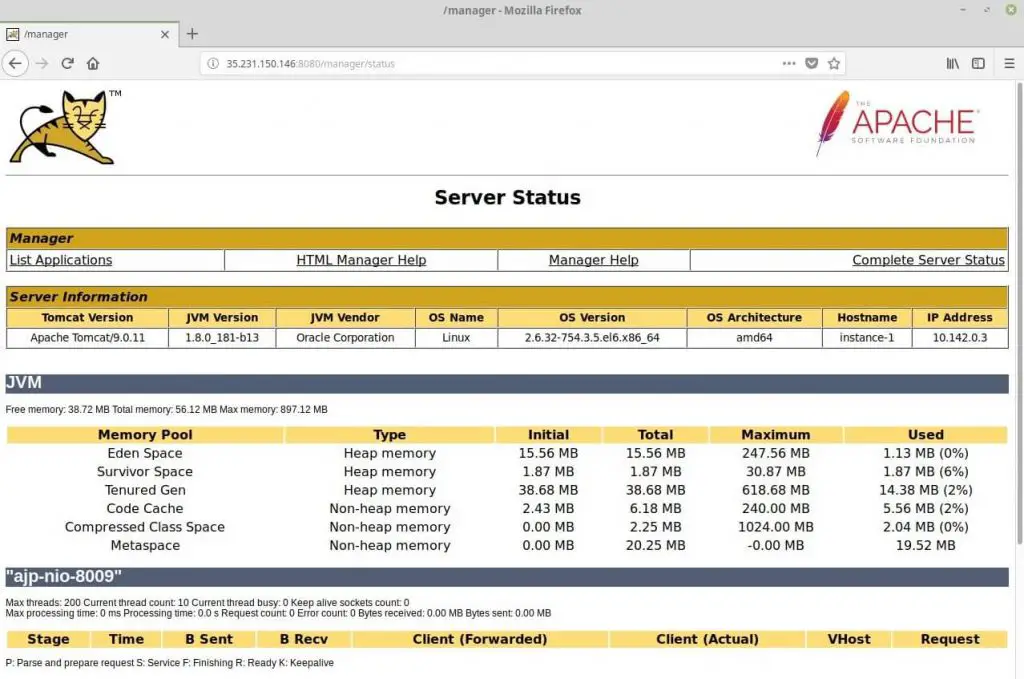 Install Apache Tomcat 9.0 on CentOS 6 - Tomcat Server Status