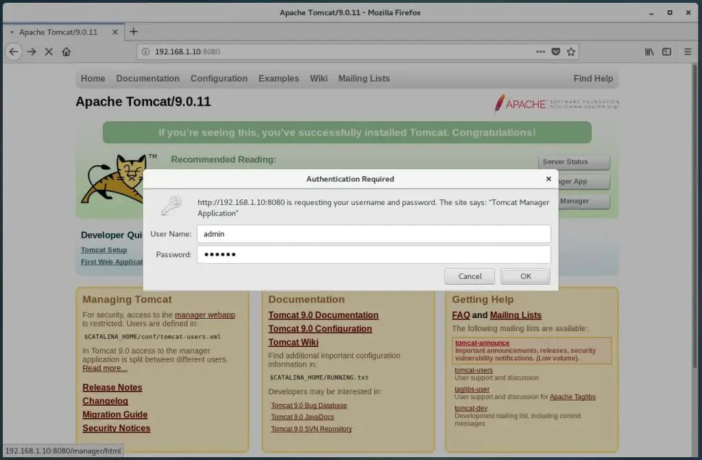 Install Apache Tomcat 9.0 on CentOS 7 - Login Tomcat Application Manager