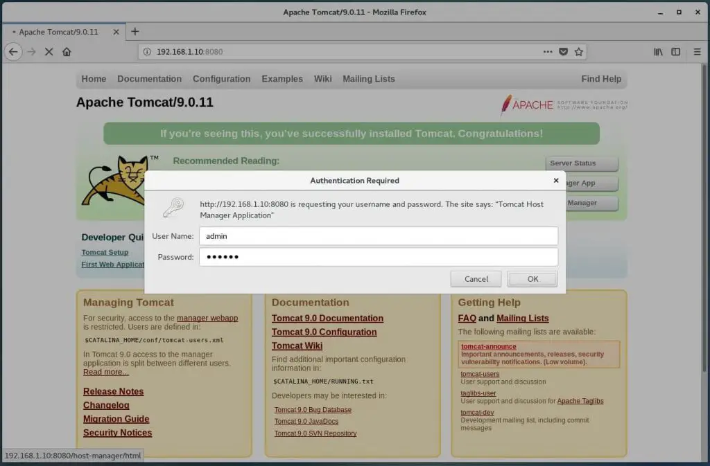 Install Apache Tomcat 9.0 on CentOS 7 - Login Tomcat Host Manager