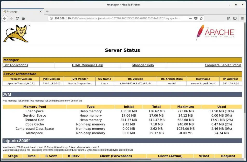 Install Apache Tomcat 9.0 on CentOS 7 - Tomcat Server Status