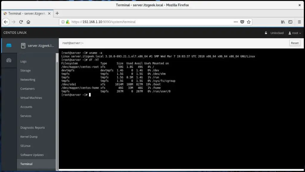 Install Cockpit on CentOS 7 - Access Machine with Remote Shell using Cockpit