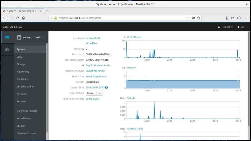 Install Cockpit on CentOS 7 - Cockpit Dashboard