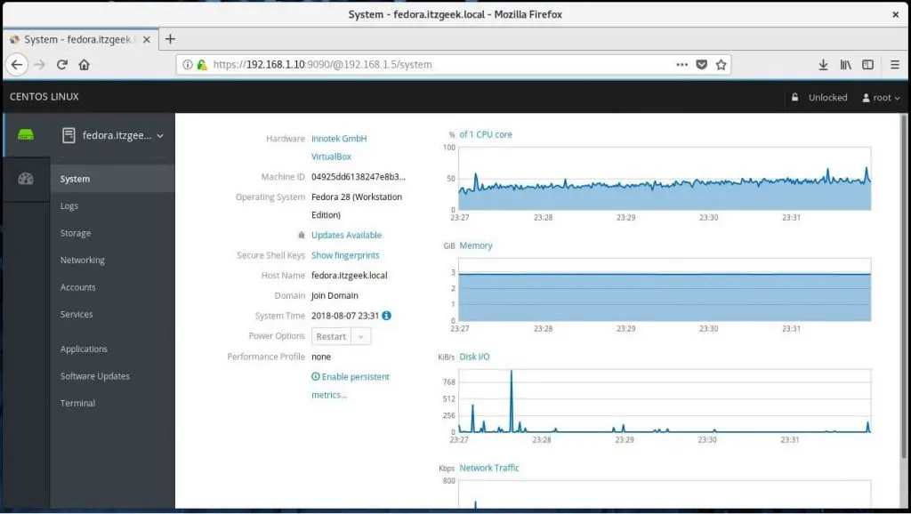 Install Cockpit on CentOS 7 - Detailed Overview of Remote Machine