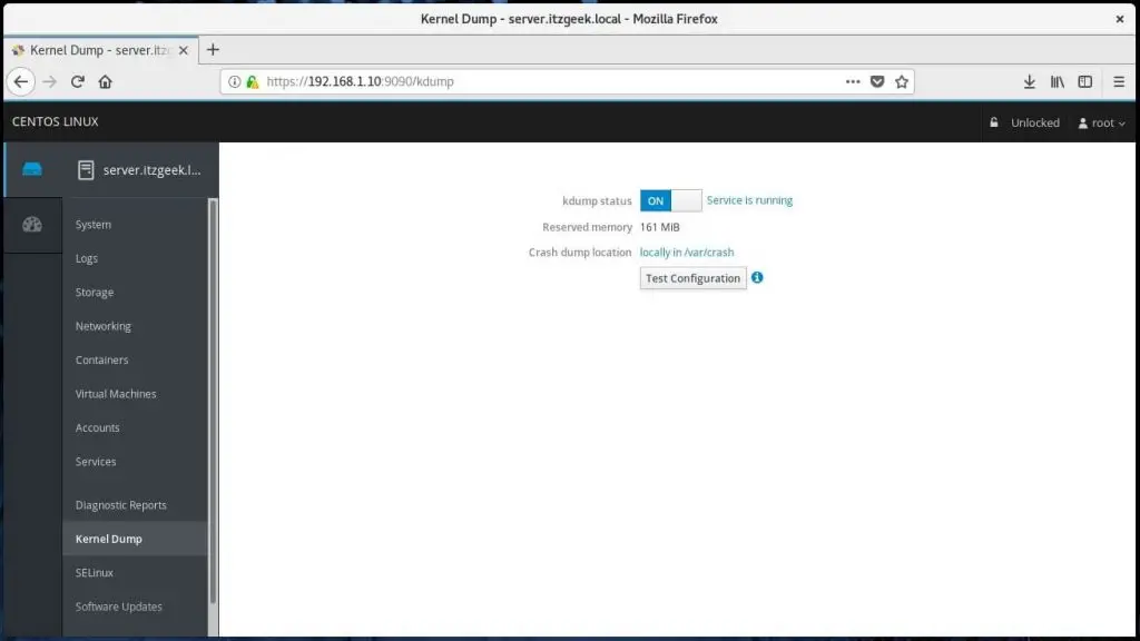 Install Cockpit on CentOS 7 - Manage Kernel Crash Dump Configurations